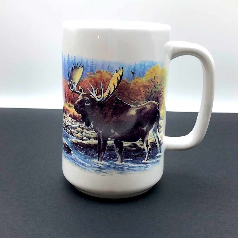 Moose mug w/ beautiful river mountain, forest scenery on both sides. 5" tall